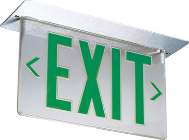 LED Edge-Lit Emergency Exit Sign, Aluminum, Double face, Green with mirror separator, 120-277V, Emergency Battery, Ceiling or Back Mount, Left Right Indicators - LRP 2 GMR LRA 120/277 EL N