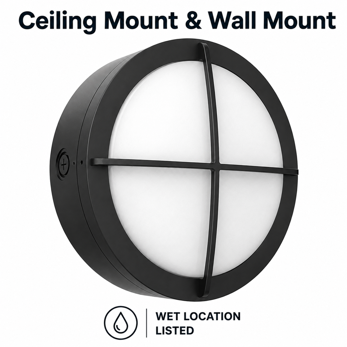 LED Round Bulk Head Light With Cross Trim - Wall or Ceiling Mount – Wet Location - Watt Selectable 60W/48W/36W - Color Selectable 30K/40K/50K - 120/277V - Black Finish - Integrated Photocell Included