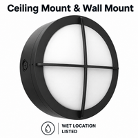 LED Round Bulk Head Light With Cross Trim - Wall or Ceiling Mount – Wet Location - Watt Selectable 60W/48W/36W - Color Selectable 30K/40K/50K - 120/277V - Black Finish - Integrated Photocell Included