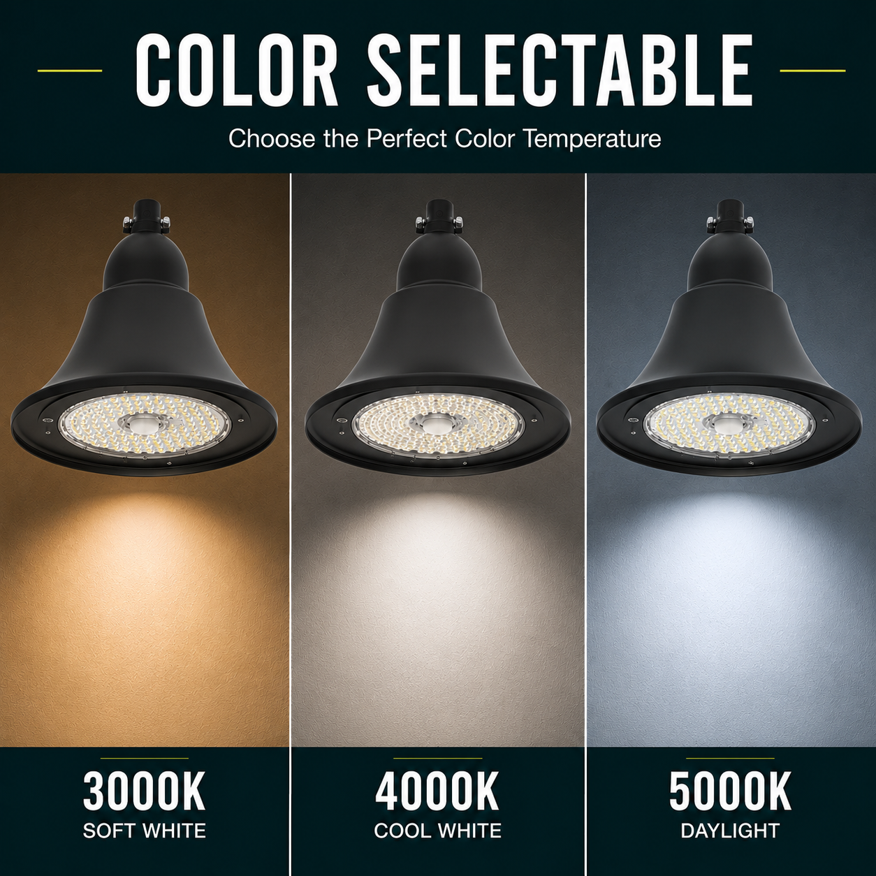 LED Designer Bell Post Light - 20 Inch Diameter - Watt Selectable 100/80/50W - 110-277V - Color Temperature Selectable 30/40/50K - Dimmable - Black Finish - With Bent Decorative Wall Bracket - Photocell Included