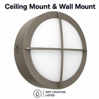 LED Round Bulk Head Light With Cross Trim - Wall or Ceiling Mount – Wet Location - Watt Selectable 60W/48W/36W - Color Selectable 30K/40K/50K - 120/277V - Bronze Finish - Integrated Photocell Included