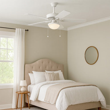 52 Inch White Finish MDF 5-Blade Ceiling Fan & Light - 120V - 9W A19 x2 - 3000K Soft White - With Pull Chain Switch