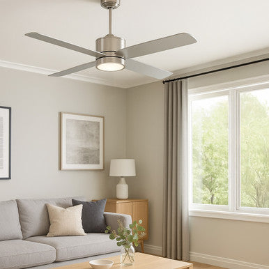 52 Inch Brush Nickel & Silver Finish ABS Plastic 4-Blade Ceiling Fan & Light - 120V - 19W - 3000K Soft White - Wall Switch Included