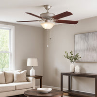 52 Inch Reversible Rosewood & Silver Oak MDF Finish 5-Blade Ceiling Fan and Light - 120V - 7W A15 x3 - 3000K Soft White - With Pull Chain Switch