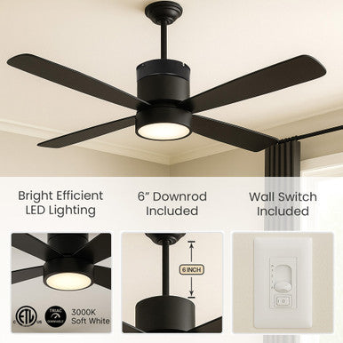 52 Inch Black Finish ABS Plastic 4-Blade Ceiling Fan & Light - 120V - 19W - 3000K Soft White - Wall Switch Included
