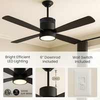 52 Inch Black Finish ABS Plastic 4-Blade Ceiling Fan & Light - 120V - 19W - 3000K Soft White - Wall Switch Included