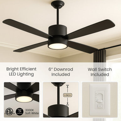 52 Inch Black Finish ABS Plastic 4-Blade Ceiling Fan & Light - 120V - 19W - 3000K Soft White - Wall Switch Included