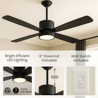 52 Inch Black Finish ABS Plastic 4-Blade Ceiling Fan & Light - 120V - 19W - 3000K Soft White - Wall Switch Included