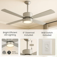 52 Inch Brush Nickel & Silver Finish ABS Plastic 4-Blade Ceiling Fan & Light - 120V - 19W - 3000K Soft White - Wall Switch Included
