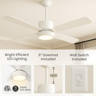 52 Inch White Finish ABS Plastic 4-Blade Ceiling Fan & Light - 120V - 19W - 3000K Soft White - Wall Switch Included