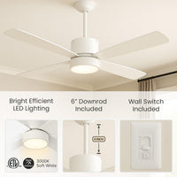 52 Inch White Finish ABS Plastic 4-Blade Ceiling Fan & Light - 120V - 19W - 3000K Soft White - Wall Switch Included