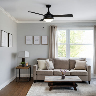 52 Inch Black Finish Plywood 3-Blade Ceiling Fan & Light - 120V - 20W - Color Selectable 30K/40K/50K - With Pull Chain Switch