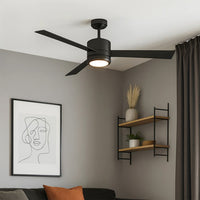52 Inch Black Finish Plywood 3-Blade Ceiling Fan & Light - 120V - 19W - 3000K Soft White - Wall Switch Operated