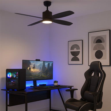 52 Inch Black Finish ABS Plastic 4-Blade Ceiling Fan & Down Light - 120V - 19W - 3000K Soft White - Wall Switch Included