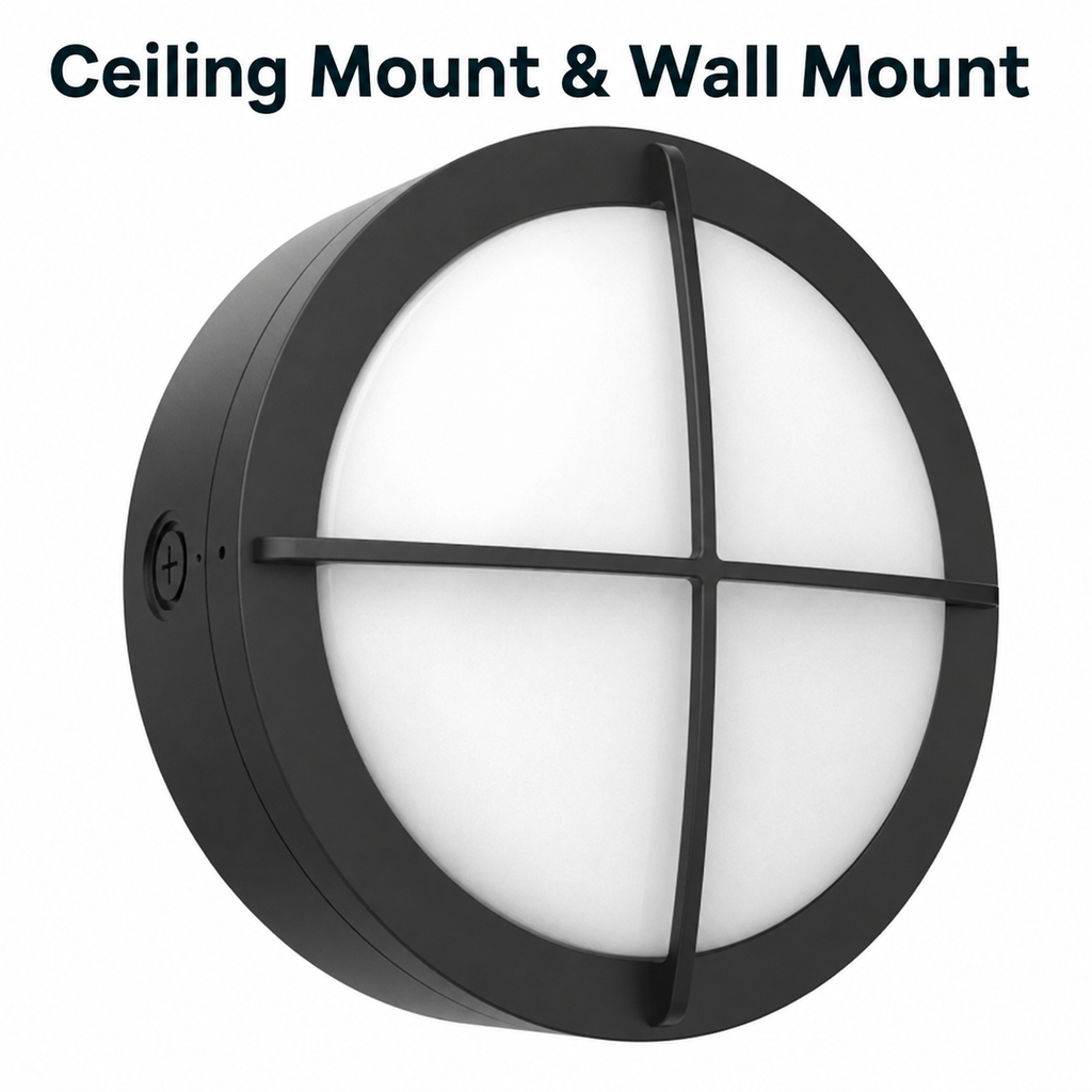 LED Round Bulk Head Light With Cross Trim - Wall or Ceiling Mount – Wet Location - Watt Selectable 60W/48W/36W - Color Selectable 30K/40K/50K - 120/277V - Black Finish - Integrated Photocell Included
