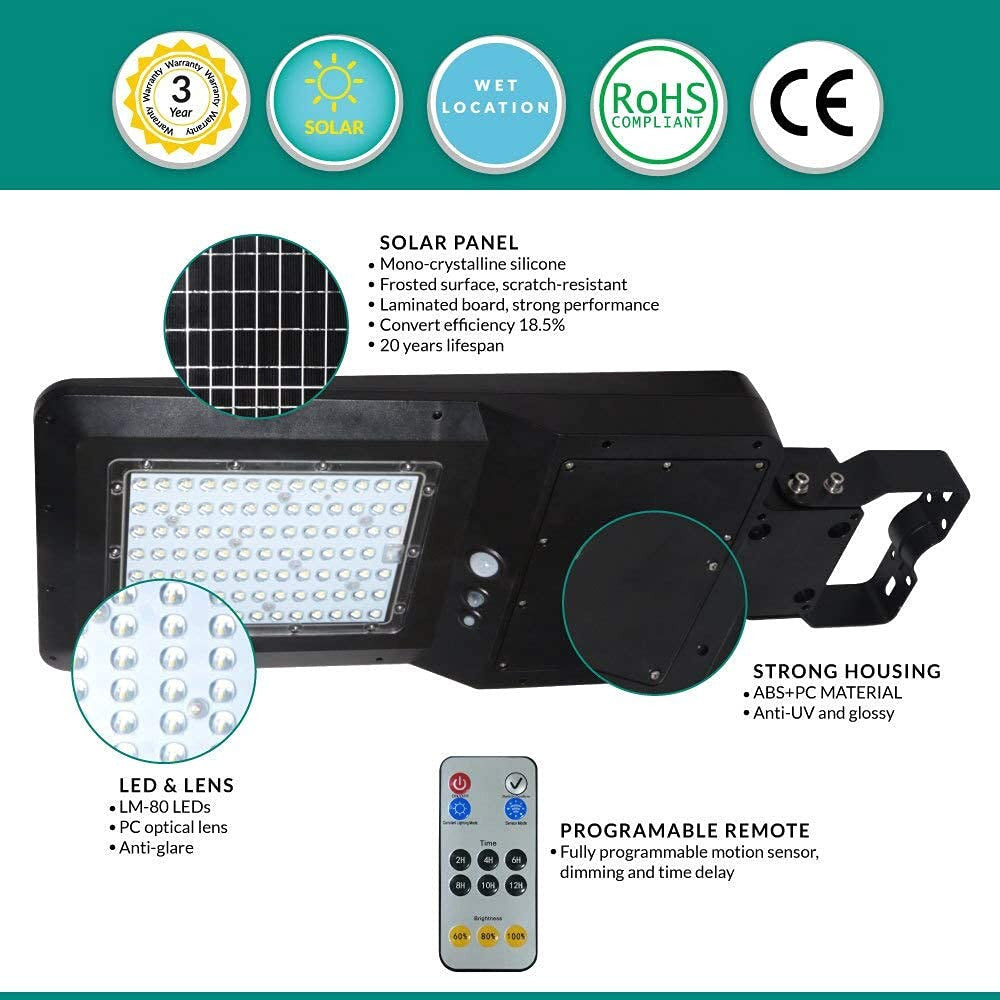 LED Solar Dusk to Dawn Light - 40 Watt - 6000 Lumens - 5000K Daylight - Wall or Post Mount - with Programmable Motion Sensor