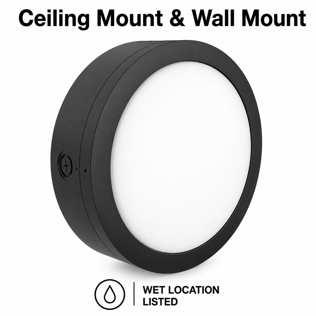 LED Round Bulk Head Light - Wall or Ceiling Mount – Wet Location - Watt Selectable 60W/48W/36W - Color Selectable 30K/40K/50K - 120/277V - Black Finish - Integrated Photocell Included
