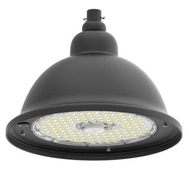 LED Designer Bell Post Light - 16 Inch Diameter - Watt Selectable 100/80/50W - 110-277V - Color Temperature Selectable 30/40/50K - Dimmable - Black Finish - With Bent Decorative Wall Bracket