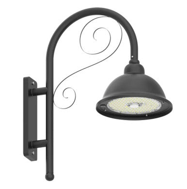 LED Designer Bell Post Light - 16 Inch Diameter - Watt Selectable 100/80/50W - 110-277V - Color Temperature Selectable 30/40/50K - Dimmable - Black Finish - With Bent Decorative Wall Bracket