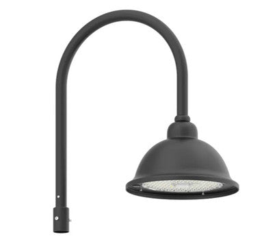 LED Designer Bell Post Light - 16 Inch Diameter - Watt Selectable 100/80/50W - 110-277V - Color Temperature Selectable 30/40/50K - Dimmable - Black Finish - With Single Bell Post Arm Pole Mount & 2 Inch Adapter