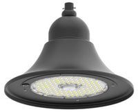 LED Designer Bell Post Light - 20 Inch Diameter - Watt Selectable 100/80/50W - 110-277V - Color Temperature Selectable 30/40/50K - Dimmable - Black Finish - With Decorative Straight Arm Pole Bracket