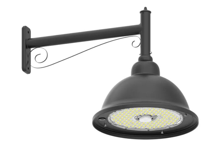 LED Designer Bell Post Light - 20 Inch Diameter - Watt Selectable 100/80/50W - 110-277V - Color Temperature Selectable 30/40/50K - Dimmable - Black Finish - With Decorative Straight Arm Pole Bracket - Photocell Included
