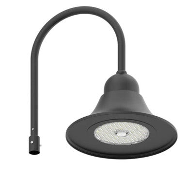 LED Designer Bell Post Light - 23 Inch Diameter - Watt Selectable 150/100/80W - 110-277V - Color Temperature Selectable 30/40/50K - Dimmable - Black Finish - With Single Bell Post Arm Pole Mount & 3 Inch Adapter
