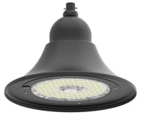 LED Designer Bell Post Light - 23 Inch Diameter - Watt Selectable 150/100/80W - 110-277V - Color Temperature Selectable 30/40/50K - Dimmable - Black Finish - With Single Bell Post Arm Pole Mount & 4 Inch Adapter - Photocell Included