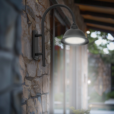 LED Designer Bell Post Light - 23 Inch Diameter - Watt Selectable 150/100/80W - 110-277V - Color Temperature Selectable 30/40/50K - Dimmable - Black Finish - With Bent Decorative Wall Bracket