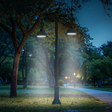LED Designer Bell Post Light - 16 Inch Diameter - Watt Selectable 100/80/50W - 110-277V - Color Temperature Selectable 30/40/50K - Dimmable - Black Finish - With Double Bell Post Arm Pole Mount & 2 Inch Adapter
