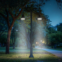 LED Designer Bell Post Light - 23 Inch Diameter - Watt Selectable 150/100/80W - 110-277V - Color Temperature Selectable 30/40/50K - Dimmable - Black Finish - With Double Bell Post Arm Pole Mount & 2 Inch Adapter