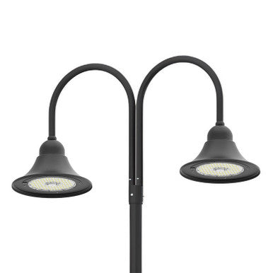 LED Designer Bell Post Light - 23 Inch Diameter - Watt Selectable 150/100/80W - 110-277V - Color Temperature Selectable 30/40/50K - Dimmable - Black Finish - With Double Bell Post Arm Pole Mount & 3 Inch Adapter