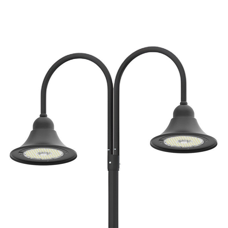 LED Designer Bell Post Light - 23 Inch Diameter - Watt Selectable 150/100/80W - 110-277V - Color Temperature Selectable 30/40/50K - Dimmable - Black Finish - With Double Bell Post Arm Pole Mount & 2 Inch Adapter - Photocell Included