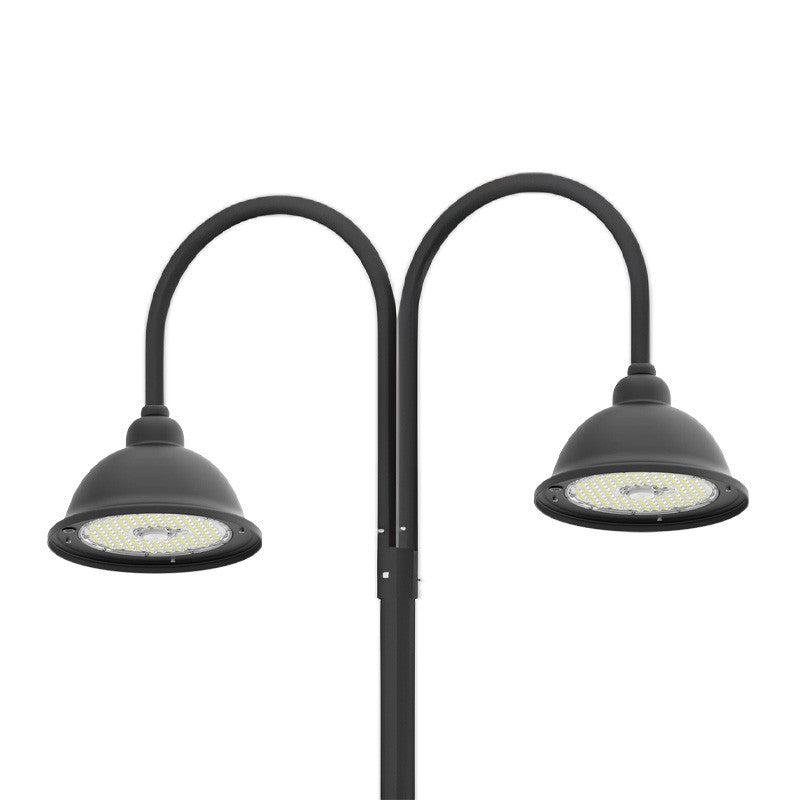 LED Designer Bell Post Light - 16 Inch Diameter - Watt Selectable 100/80/50W - 110-277V - Color Temperature Selectable 30/40/50K - Dimmable - Black Finish - With Double Bell Post Arm Pole Mount & 4 Inch Adapter - Photocell Included