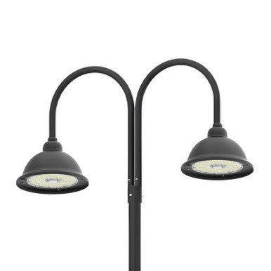 LED Designer Bell Post Light - 16 Inch Diameter - Watt Selectable 100/80/50W - 110-277V - Color Temperature Selectable 30/40/50K - Dimmable - Black Finish - With Double Bell Post Arm Pole Mount & 4 Inch Adapter