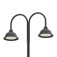 LED Designer Bell Post Light - 16 Inch Diameter - Watt Selectable 100/80/50W - 110-277V - Color Temperature Selectable 30/40/50K - Dimmable - Black Finish - With Double Bell Post Arm Pole Mount & 2 Inch Adapter - Photocell Included