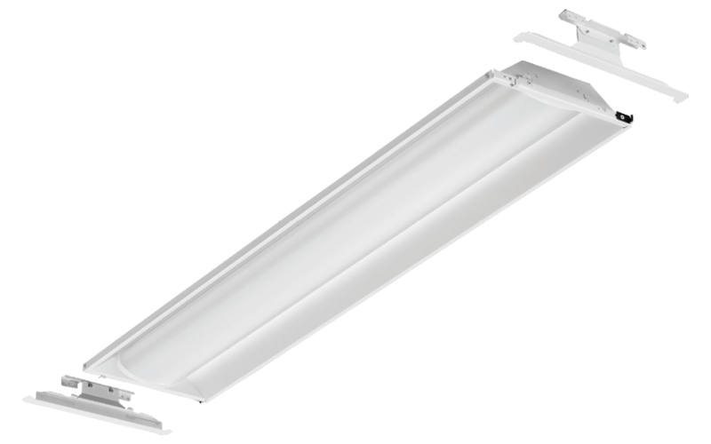 Volumetric Recessed Lighting 1FT x4FT Relight, Nominal 3000 LM high efficiency, Curved, linear prismatic with trim ring, eldoLED dimming 1%, 80+ CRI, 4000K, Nlight Air 2.0, Networked wireless, fixture integrated occupancy and daylight sensor