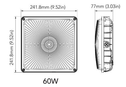 LED Square Garage Canopy Light - Watt Selectable 60W/40W/25W - Up To 7400 Lumens - Ceiling or Conduit Mount - 4000K Neutral White - 120-277V - White - With Z10 Receptacle