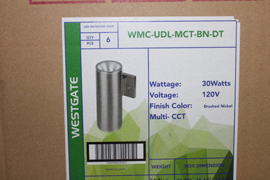 30 Watt LED Sconce Cylinder - 2400 Lumens - Color Selectable 30K/40K/50K - 120V - Brushed Nickel Finish - Dimmable Up/Down Light