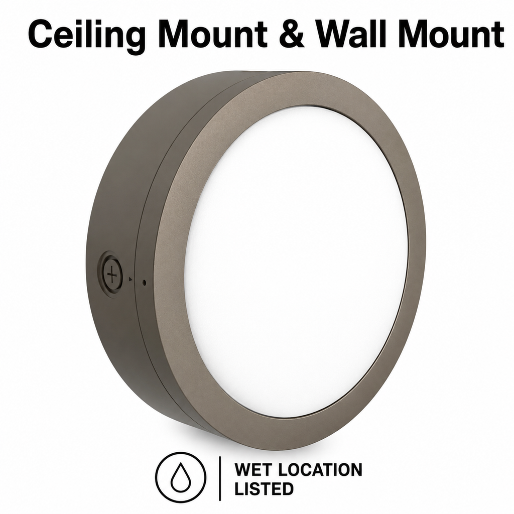 LED Round Bulk Head Light - Wall or Ceiling Mount – Wet Location - Watt Selectable 60W/48W/36W - Color Selectable 30K/40K/50K - 120/277V - Bronze Finish - Integrated Photocell Included