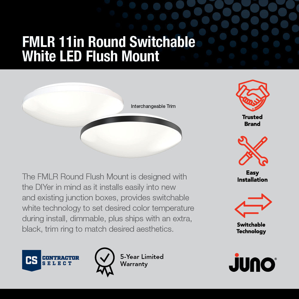 11 Inch Round, LED, Switchable, Flush Mount, 11IN, Switchable CCT ? 2700K, 3000K, 3500K, 4000K, 5000K, 90+ CRI, White &Black Trim Ring - FMLR 11IN SWW5 90 CRI WBT M4