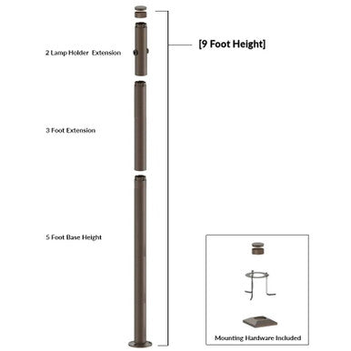 9 Foot Modular Light Pole - 5 Foot Base Height - 3 Foot Extension - 2 Lamp Holder Section  - Bronze Finish