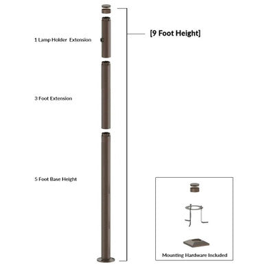 9 Foot Modular Light Pole - 5 Foot Base Height - 3 Foot Extension - 1 Lamp Holder Section  - Bronze Finish