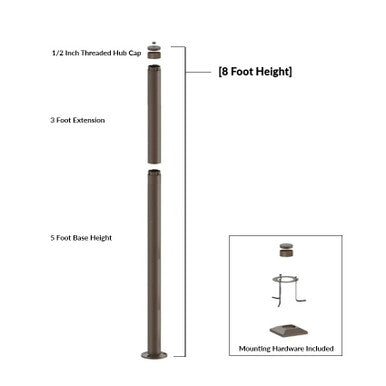 8 Foot Modular Light Pole - 5 Foot Base Height - 3 Foot Extension - 1/2 Inch Threaded Hub Cap - Bronze Finish
