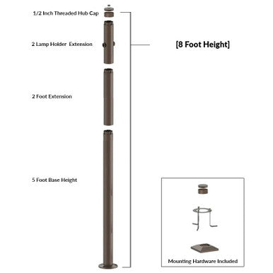 8 Foot Modular Light Pole - 5 Foot Base Height - 2 Foot Extension - 2 Lamp Holder Section - 1/2 Inch Threaded Hub Cap - Bronze Finish