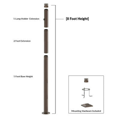 8 Foot Modular Light Pole - 5 Foot Base Height - 2 Foot Extension - 1 Lamp Holder Section  - Bronze Finish