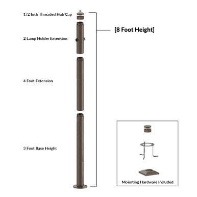 8 Foot Modular Light Pole - 3 Foot Base Height - 4 Foot Extension - 2 Lamp Holder Section - 1/2 Inch Threaded Hub Cap - Bronze Finish