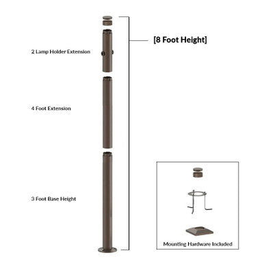 8 Foot Modular Light Pole - 3 Foot Base Height - 4 Foot Extension - 2 Lamp Holder Section  - Bronze Finish