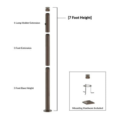7 Foot Modular Light Pole - 3 Foot Base Height - 3 Foot Extension - 1 Lamp Holder Section  - Bronze Finish