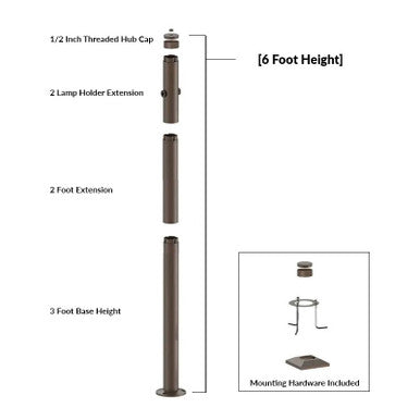 6 Foot Modular Light Pole - 3 Foot Base Height - 2 Foot Extension - 2 Lamp Holder Section - 1/2 Inch Threaded Hub Cap - Bronze Finish
